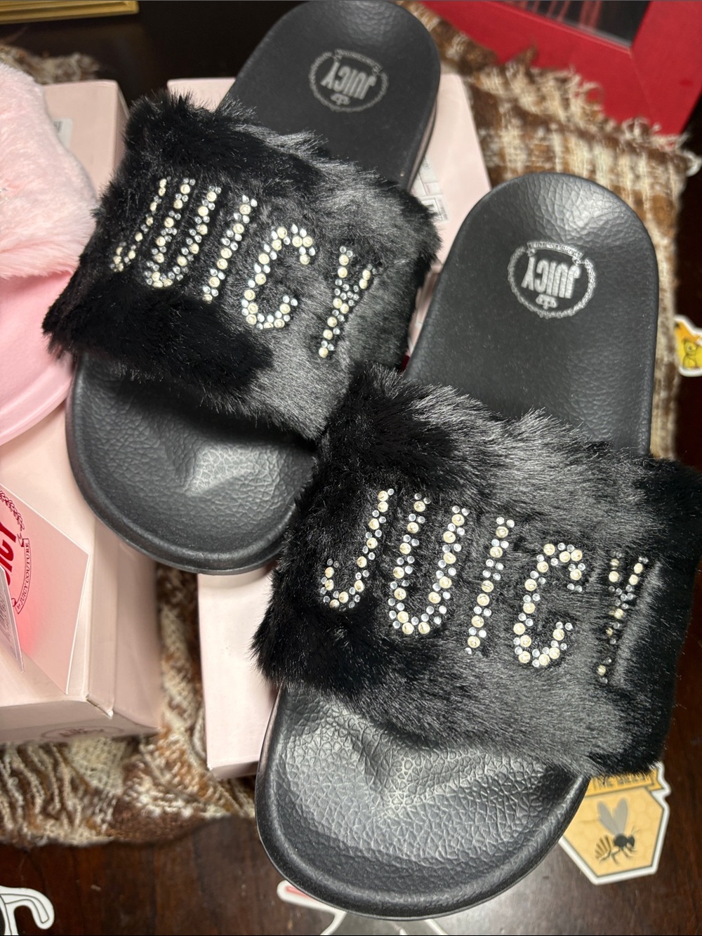 Juicy Couture Faux Fur Slide Sandals in Pink & Black - Picture 3 of 5